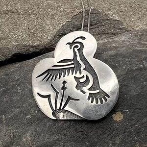 Signed Hopi Native American Sterling Silver Quail Bird Pin Pendant Necklace